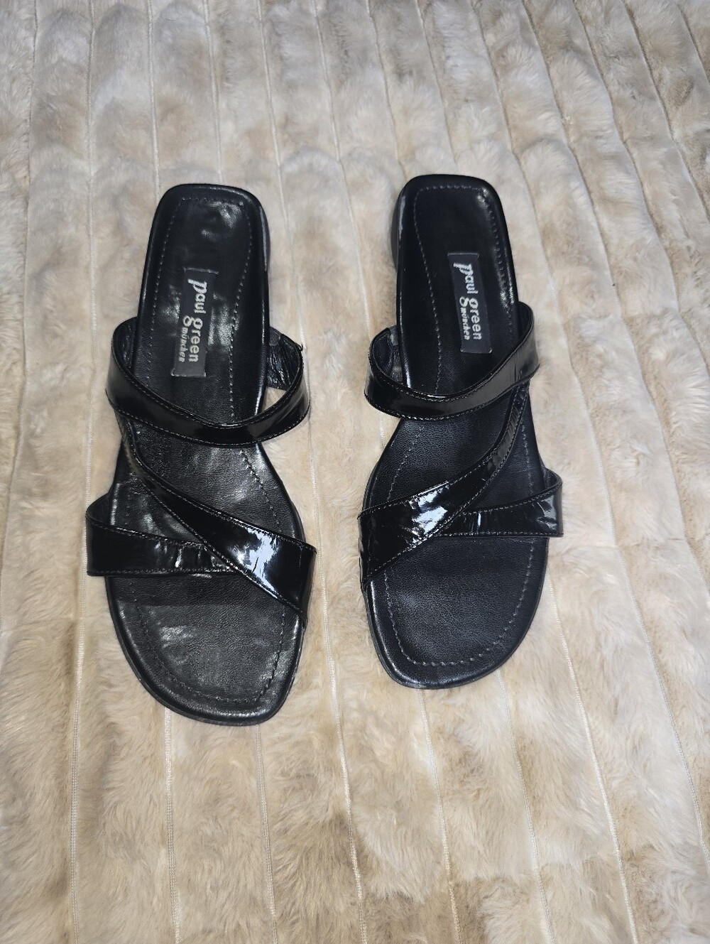 Green Munich Black Patent Leather Slide Sandals Size 6.5 Square Toe